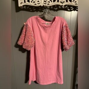 Fantastic Fawn pink velour sequin balloon sleeve t-shirt mini dress